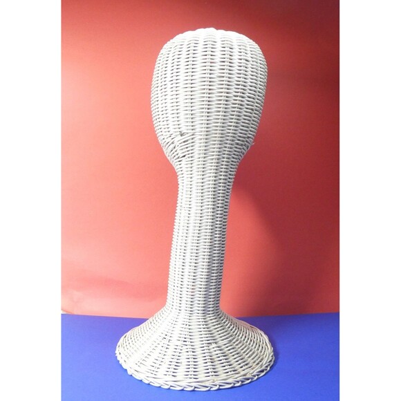 White Wicker Mannequin Head Hat Stand Display Vintage MCM 19" Tall Long Neck - Picture 6 of 14